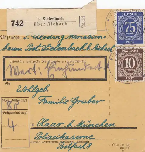 Paketkarte 1948: Sielenbach nach Haar, Wertkarte