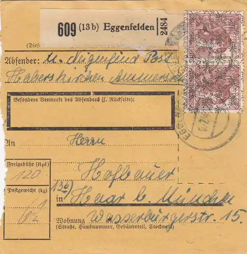 BiZone Paketkarte 1948: Eggenfelden Post Haberskirchen nach Haar