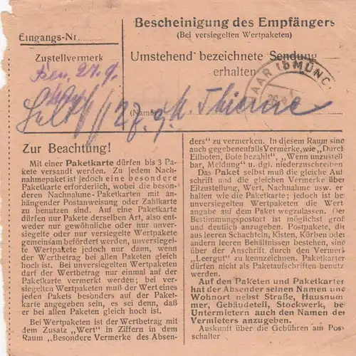 BiZone Paketkarte 1948: Hawangen über Memmingen nach Haar