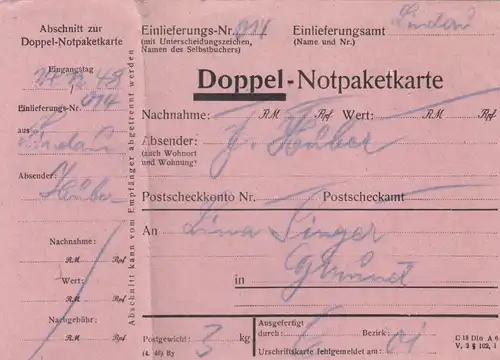 BiZone Paketkarte 1948: Doppel-Notpaketkarte nach Gmund