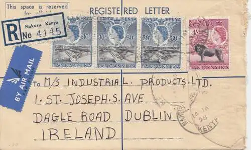 Kenya 1958: air mail registered Nakuru/Kenya to Dublin/Ireland