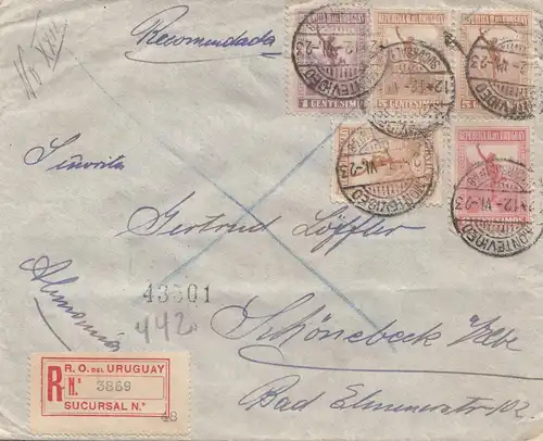 Uruguay 1923: registered letter Montevideo to Schönebeck/Elbe