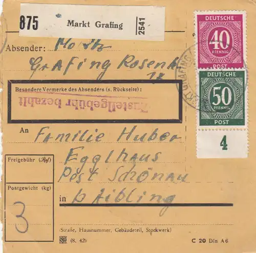 Paketkarte 1948: Markt Grafing nach Egglhaus Post Schönau