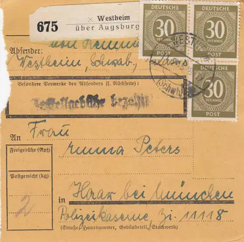 Paketkarte 1948: Westheim üb. Augsburg n. Haar, Polizeikaserne, Zi. 11118