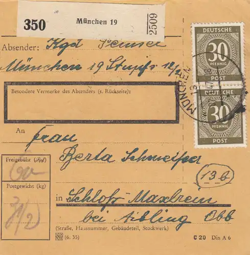 Paketkarte 1947: München nach Schloß Maxlrain b. Aibling