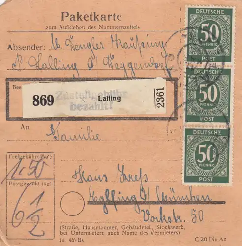 Paketkarte 1948: Lalling nach Eglfing bei München