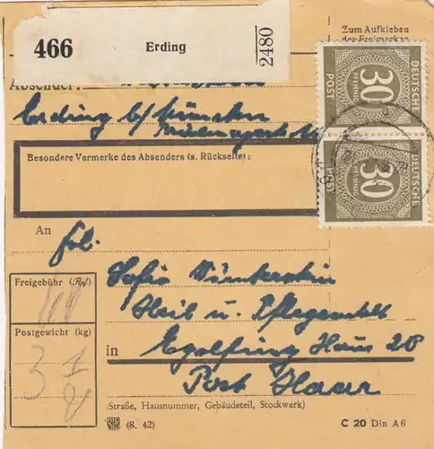 Paketkarte 1948: Erding nach Eglfing, Pflegeanstalt