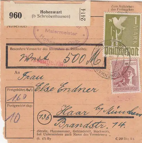 Carte de paquet 1948: Hohenwart a Haar près de Munich