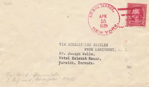 États-Unis d'Amérique 1925: air mail service New York to Warwick, Hamilton Bermudes