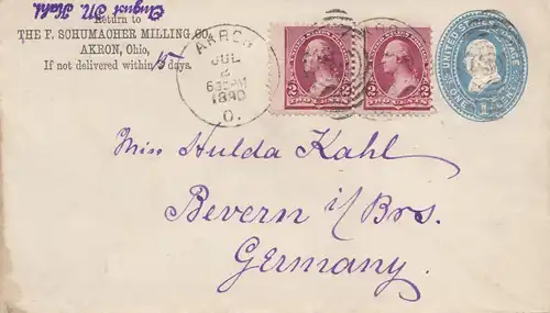 États-Unis d'Amérique 1890: Akron/Ohio to Bevern/Germany