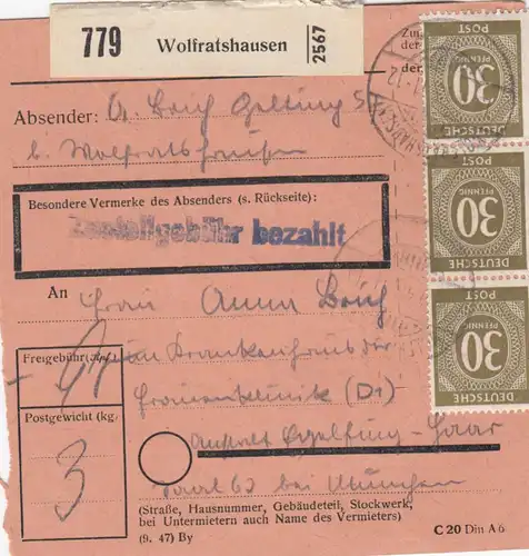 Paketkarte 1948: Wolfratshausen nach Eglfing Haar