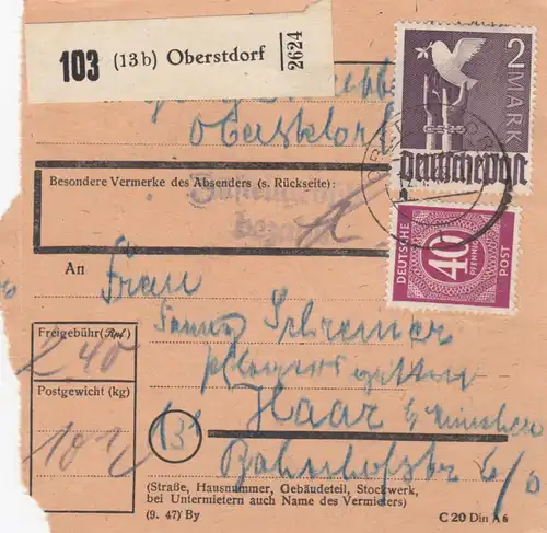 Paketkarte 1948: Oberstdorf nach Haar