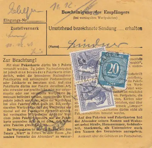 Carte de paquet 1947: Kamen Kreis Unna après les cheveux
