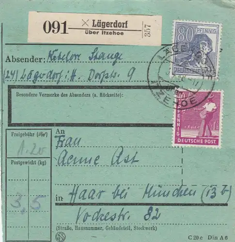 Paketkarte 1948: Lägerdorf nach Haar, besonderes Formular