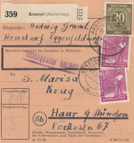 Paketkarte 1948: Arnstorf (Niederbay.) nach Haar