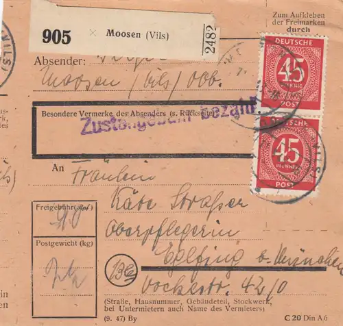 Paketkarte 1948: Moosen nach Oberpflegerin in Eglfing