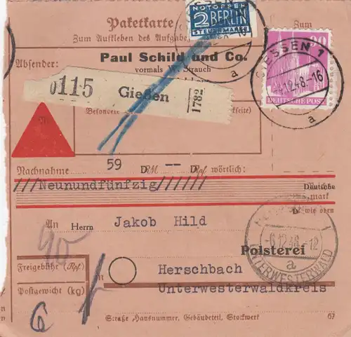 BiZone Paketkarte 1948: Gießen nach Herschbach, Selbstbucher, Nachnahme, Notopf.
