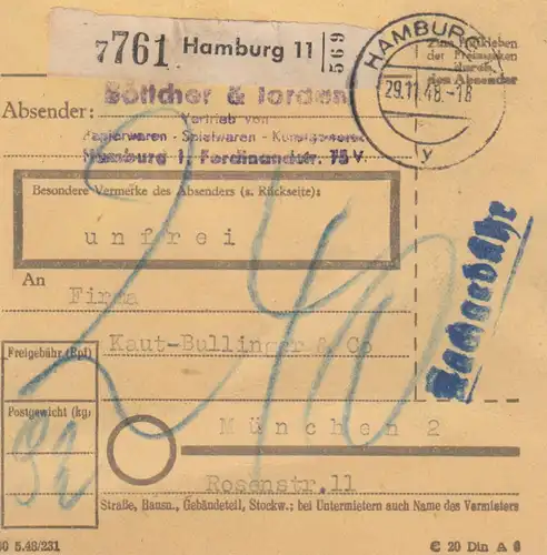 BiZone Paketkarte 1948: Hamburg nach München, Nachgebühr