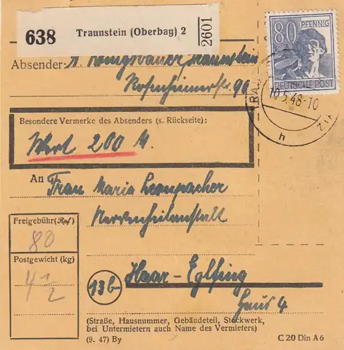 Paketkarte 1948 : Traunstein nach Haar-Eglfing, Wertkarte