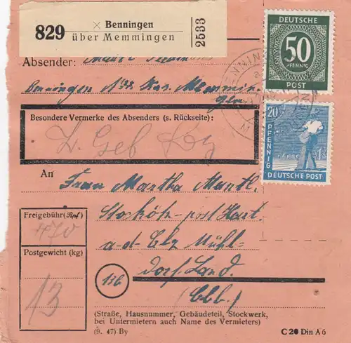 Paketkarte 1948: Benningen nach Stockötz Hart a.d. Alz