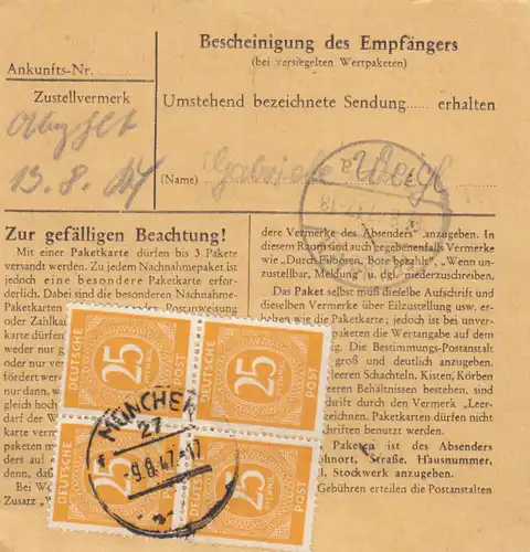 Carte de paquet 1947: Munich 27 vers Feilnbach bei Bad Aibling