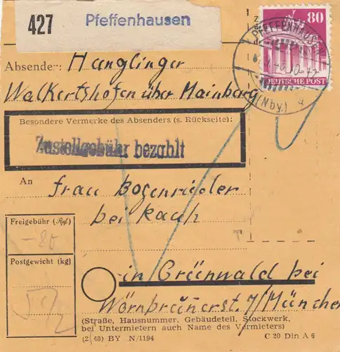 BiZone Paketkarte 1948: Pfeffenhausen nach Grünwald