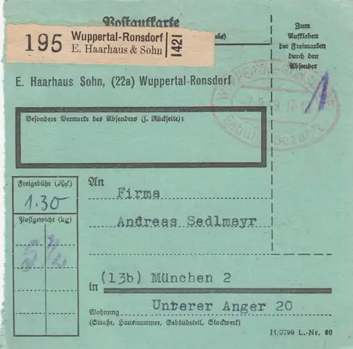 BiZone Paketkarte 1949: Ronsdorf, Selbstbucher, bes. Formu., Geb. bez. Stempel