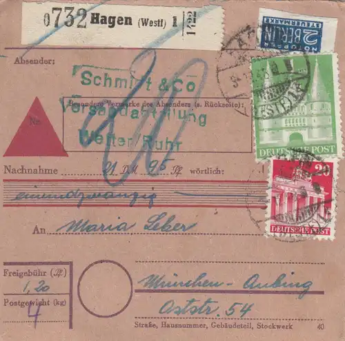 BiZone Paketkarte 1948: Wetter/Ruhr nach Aubing, Nachnahme, Nachgebühr, Notopf.