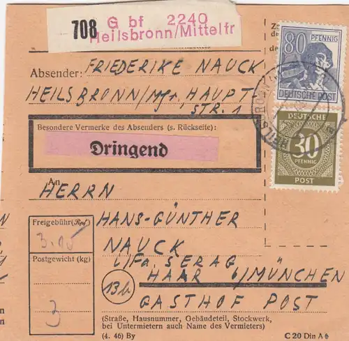 Paketkarte 1948: Heilsbronn Mittelfr. nach Haar, Dringend