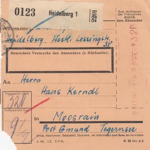 Paketkarte 1947: Heidelberg nach Moosrain, Post Gmund