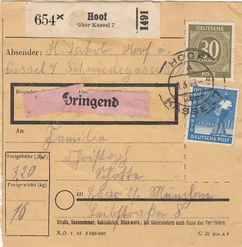 Paketkarte 1948: Hoof nach Haar, Dringend