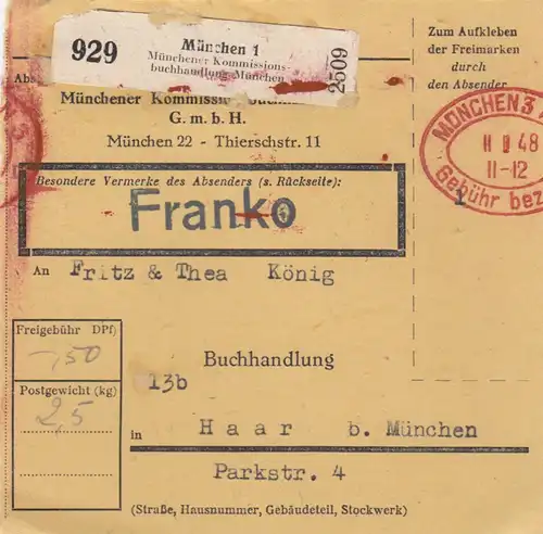 BiZone Paketkarte 1948: München nach Haar, Franko, Gebühr bezahlt Stempel