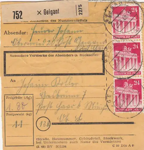 BiZone Paketkarte 1948: Geigant nach Post Haar