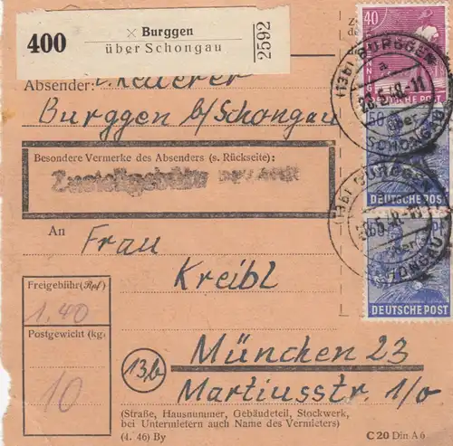 Paketkarte 1948: Burggen Schongau nach München