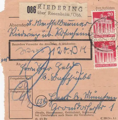 BiZone Paketkarte 1948: Riedering nach Haar, Nachgebühr, Wertkarte