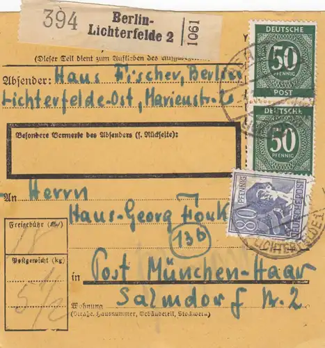 Paketkarte 1948: Berlin-Lichterfelde nach Post München-Haar