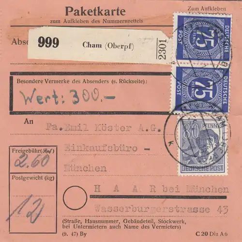 Paketkarte 1948: Cham nach Haar, Einkaufsbüro, Wertkarte