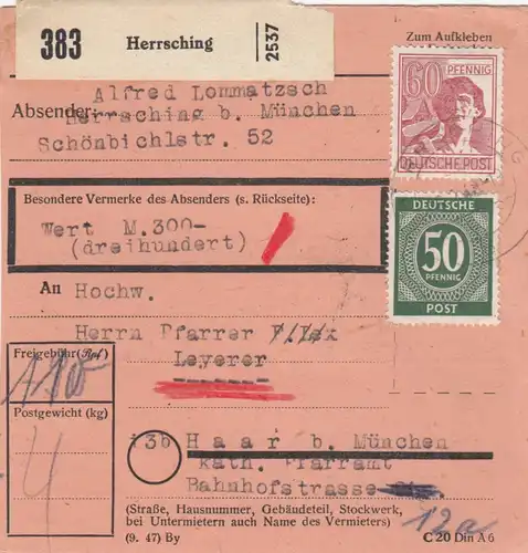 Paketkarte 1948: Herrsching nach Haar, Kath. Pfarramt, Wertkarte