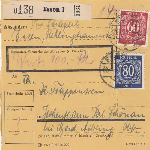 Paketkarte 1947: Essen 1 nach Hohenthann, Wertkarte