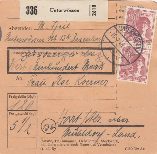 Paketkarte 1948: Unterwössen nach Hart über Mühldorf, Wertkarte