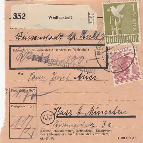 Paketkarte 1948: Weißenstadt nach Haar, Wertkarte