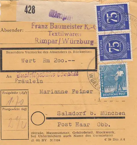 Paketkarte 1948: Rimpar Würzburg nach Salmdorf, Wertkarte