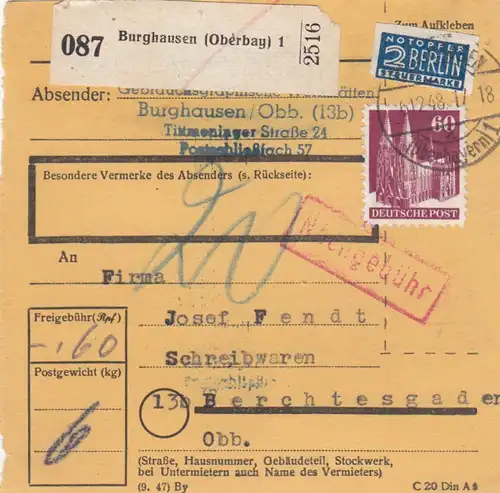 BiZone Paketkarte 1948: Burghausen nach Berchtesgaden, Nachgebühr, Notopfer