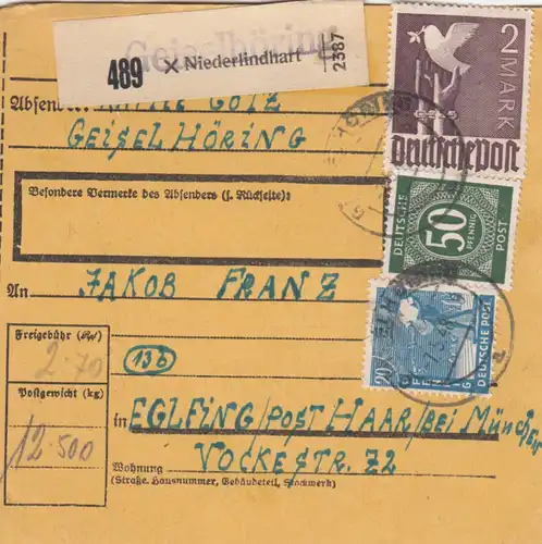 Paketkarte 1948: Niederlindhart nach Eglfing