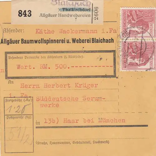 Paketkarte 1948: Baumwollspinnerei Thalkirchdorf, Selbstucher, Wertkarte