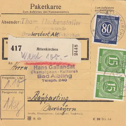 Paketkarte 1947: Brudersdorf Attenkirchen nach Beyharting, Wertkarte