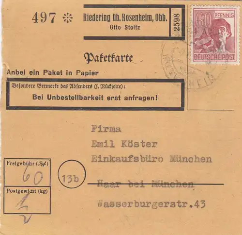 Paketkarte 1947: Riedering nach Haar, Selbstbucher