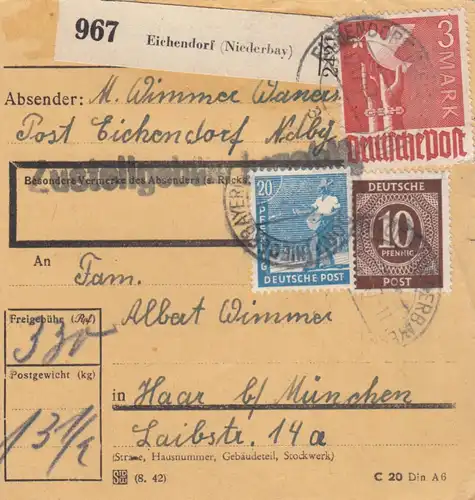 Paketkarte 1947: Eichendorf nach Haar