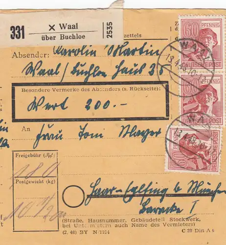 Paketkarte 1948: Waal über Buchloe, Wertkarte