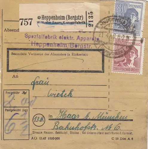 Paketkarte 1948: Elektrische Apparate Heppenheim nach Haar